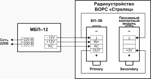 Подключение БП–3В с контролем внешнего источника питания (МБП-12 или аналогичного) к устройству с двумя разъемами CR123A